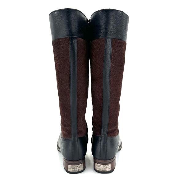 Ugg Australia Knee High Winter Boots Sz 11 Black Leather Brown Suede Wool Lining - Picture 5 of 15